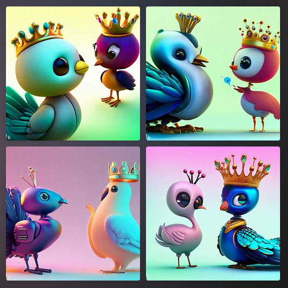 A Bing-DALLE generated image for the prompt &#39;cute 3d peacock wearing a crown and talking to a cute 3d robot&#39;