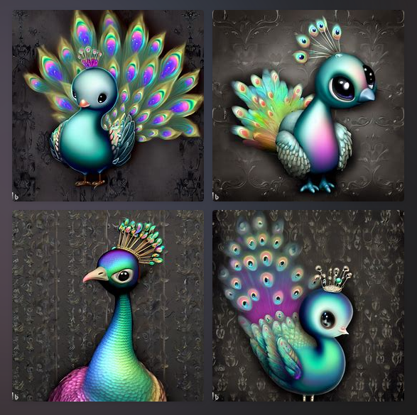 A Bing-DALLE generated image for the prompt &#39;digital art, cute 3D peacock with iridiscent feathers and a colorful crown - against a dark gray damask background&#39;