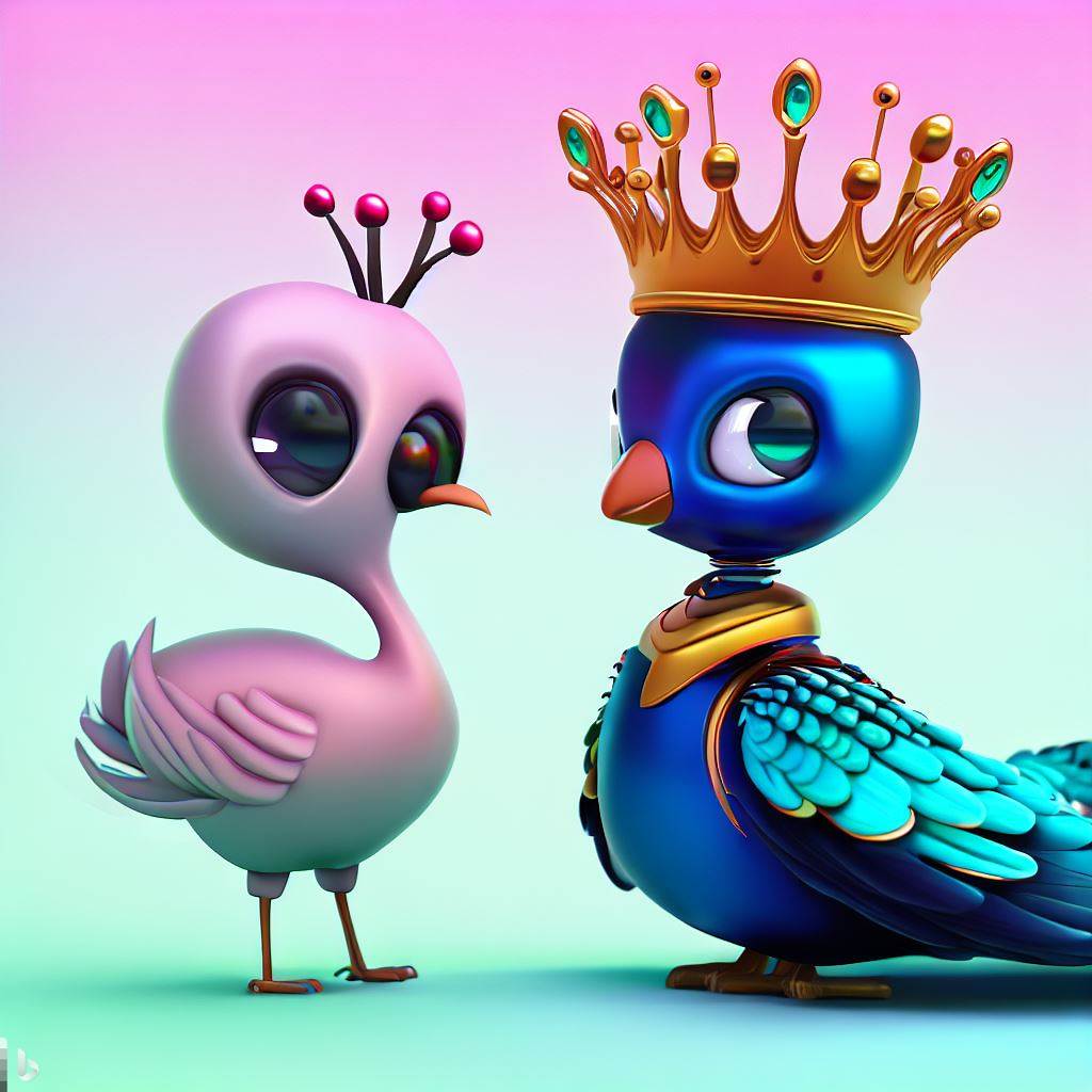 A Bing-DALLE generated image showing a peacock with a crown talking to a robot bird